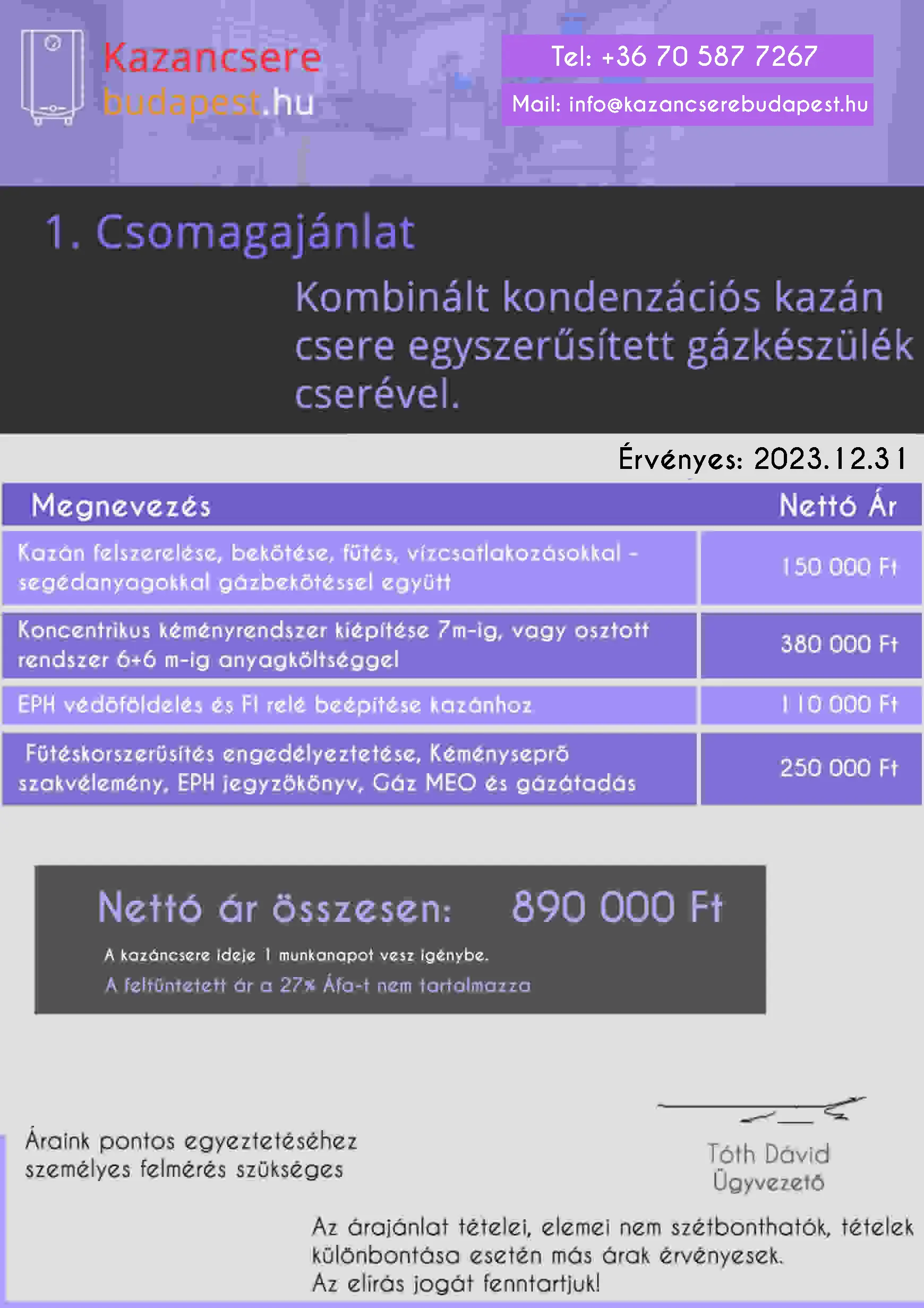 egyszerűsített kazáncsere kombinált árlista
